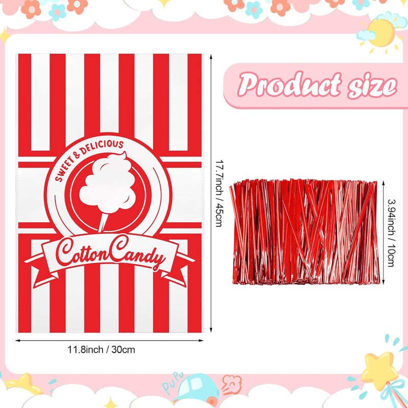 Geyee 500 Count Cotton Candy Bags with Ties Large Clear Cotton Candy Bags with Stripe Print, Perfect for the Carnivals Summer Party Kitchen Supplies 17.7 x 11.8 Inch - Image 2